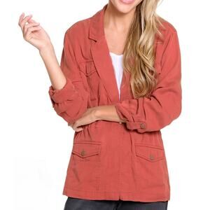 JOHN MARK Terracotta Button Front Linen Blend Lightweight Utility Jacket